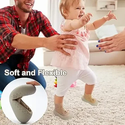 2 Pair Caroon Non-slip Baby Shoes, Slippers for Boys & Girls - Soft Rubber Grippers, Khaki, White, Pink, Blue - Infant First Walking Shoes, 6-12, 12-18, 18-24 Months - 4