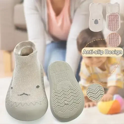 2 Pair Caroon Non-slip Baby Shoes, Slippers for Boys & Girls - Soft Rubber Grippers, Khaki, White, Pink, Blue - Infant First Walking Shoes, 6-12, 12-18, 18-24 Months - 3