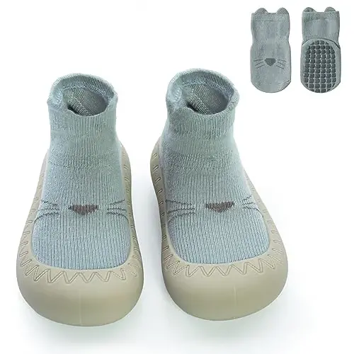 2 Pair Caroon Non-slip Baby Shoes, Slippers for Boys & Girls - Soft Rubber Grippers, Khaki, White, Pink, Blue - Infant First Walking Shoes, 6-12, 12-18, 18-24 Months - 1
