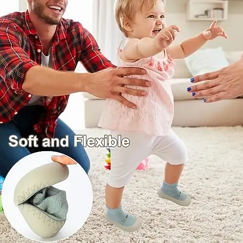 2 Pair Caroon Non-slip Baby Shoes, Slippers for Boys & Girls - Soft Rubber Grippers, Khaki, White, Pink, Blue - Infant First Walking Shoes, 6-12, 12-18, 18-24 Months - 5