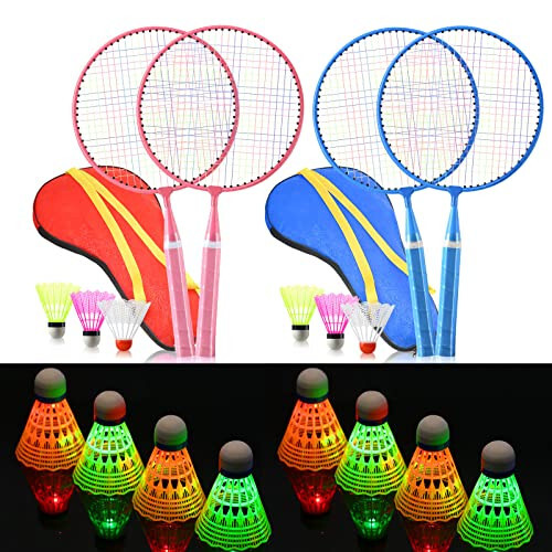 2 Pairs Badminton Rackets Set for Children Kid Shuttlecocks Sports Nylon Alloy Badminton Racquet Set with 8 LED Badminton Birdies, 6 Non Luminous Badminton Birdies and 2 Carrying Bags, Night Pink Blue - 1