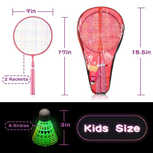 2 Pairs Badminton Rackets Set for Children Kid Shuttlecocks Sports Nylon Alloy Badminton Racquet Set with 8 LED Badminton Birdies, 6 Non Luminous Badminton Birdies and 2 Carrying Bags, Night Pink Blue - 2