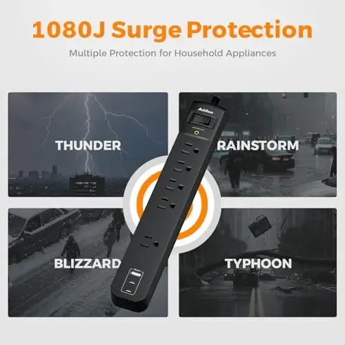 2-пакетный сетевой фильтр с защитой от перенапряжения - 5 широко расположенных розеток 3 USB-порта для зарядки, 1875 Вт / 15 А с 6-футовым плетеным удлинителем, плоский штекер, защита от перегрузки, настенный монтаж для дома и офиса - 4