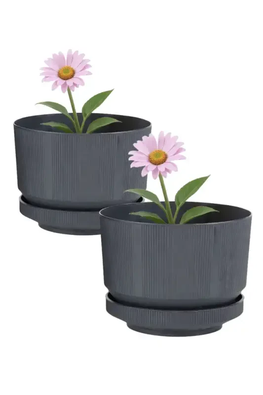 2 Pcs 6 Liter Decorative Luxury Pot Indoor Outdoor Saucered Plastic Flower Pot Set 22.5 * 18.5 cm. -ANTHRACITE 2 PCS - 2