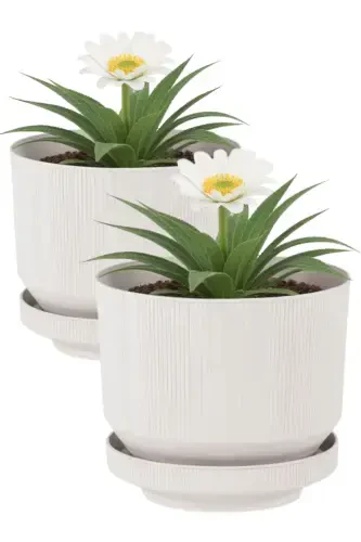 2 Pcs 6 Litre Decorative Luxury Pot Indoor Outdoor Saucered Plastic Flower Pot Set 22,5 * 18,5 cm. -STONE WHITE 2'Lİ - 1
