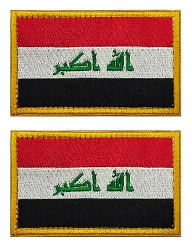 2 PCS AliPlus Iraq Flag Patches Embroidered Tactical Military Morale Patch Applique Fastener Hook and Loop(Yellow Border) - 1