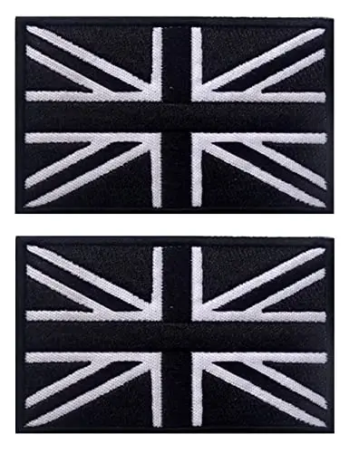2 PCS AliPlus UK United Kingdom Flag Patches Embroidered Tactical Military Morale Patch Applique Fastener Hook and Loop(Black White) - 1