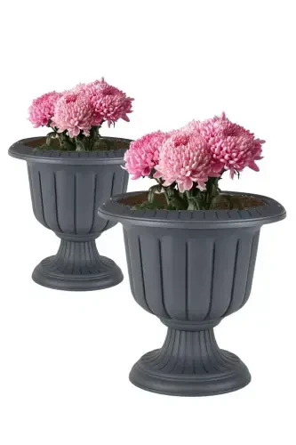 2 Pcs Set Narcissus Decorative Anthracite Color Pedestal Pot - Plastic Flower Pot-Set Anthracite - BLISS (1)