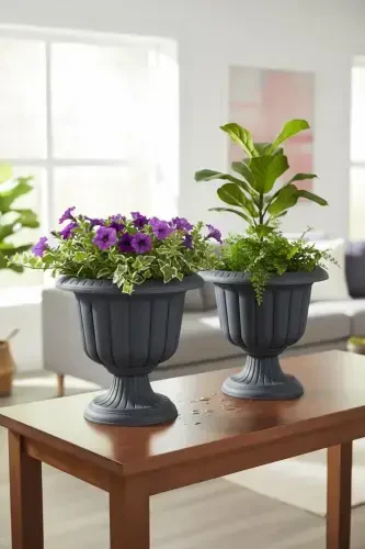 2 Pcs Set Narcissus Decorative Anthracite Color Pedestal Pot - Plastic Flower Pot-Set Anthracite - 3