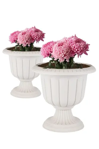 2 Pcs Set Narcissus Decorative White Color Footed Pot - Plastic Flower Pot-Set Off White - 3