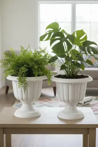 2 Pcs Set Narcissus Decorative White Color Footed Pot - Plastic Flower Pot-Set Off White - BLISS (1)