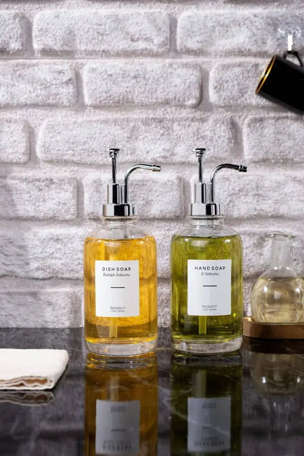 2-Piece 500 ml Countertop Glass Liquid Soap Dispenser Kitchen (6 LABELS) Lcats20121 - 2