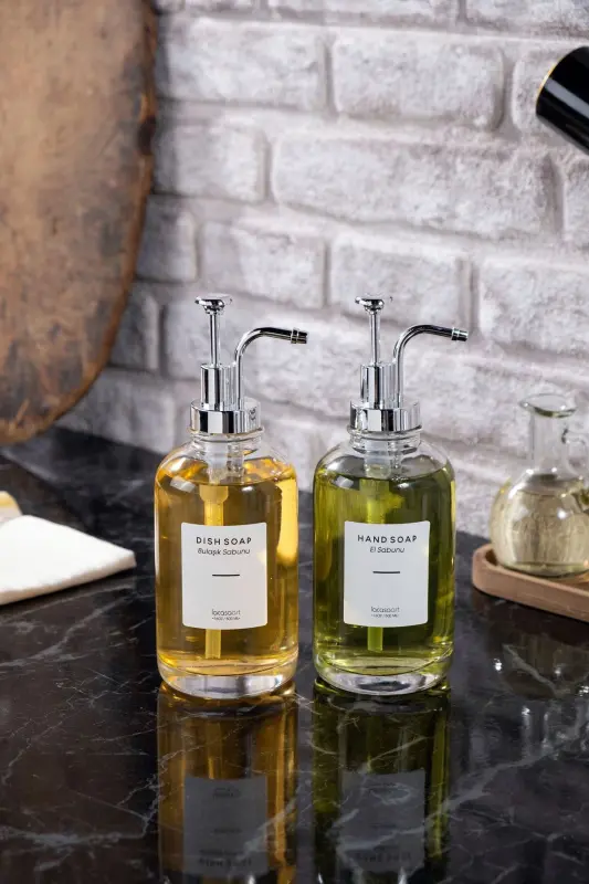 2-Piece 500 ml Countertop Glass Liquid Soap Dispenser Kitchen (6 LABELS) Lcats20121 - 2