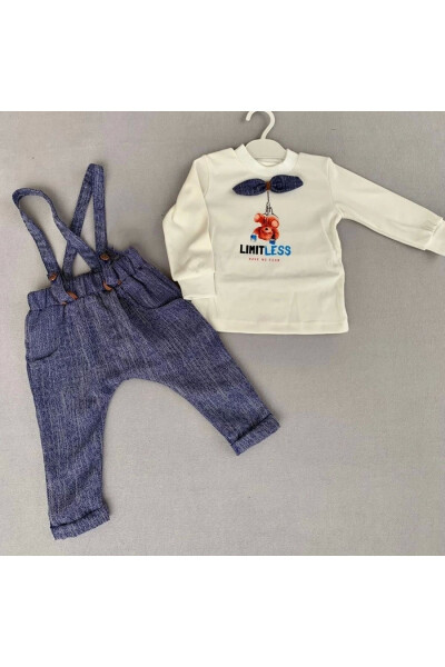 2-Piece Baby Boy Salopette Set with Sweat Denim Pants and Bow - 1