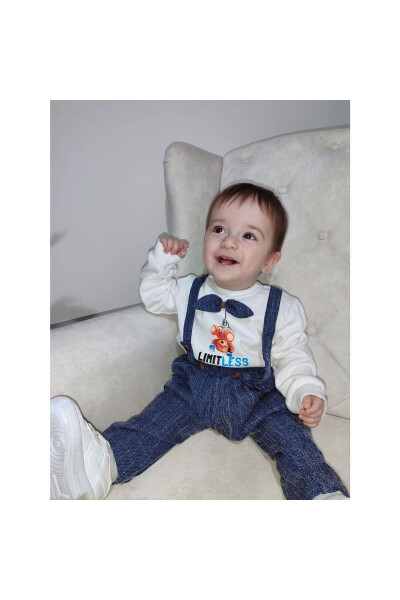 2-Piece Baby Boy Salopette Set with Sweat Denim Pants and Bow - 3