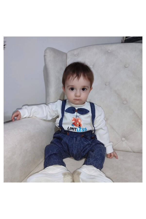 2-Piece Baby Boy Salopette Set with Sweat Denim Pants and Bow - 4