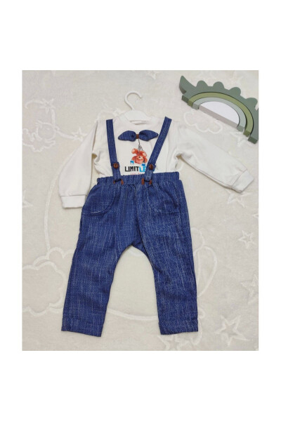 2-Piece Baby Boy Salopette Set with Sweat Denim Pants and Bow - 5