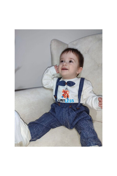 2-Piece Baby Boy Salopette Set with Sweat Denim Pants and Bow - 7