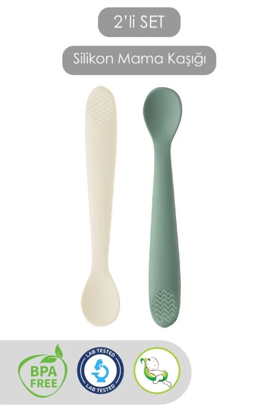 2-Piece Baby Teether Food Spoon - Silicone Feeding Spoon - Green, Beige - Modazone