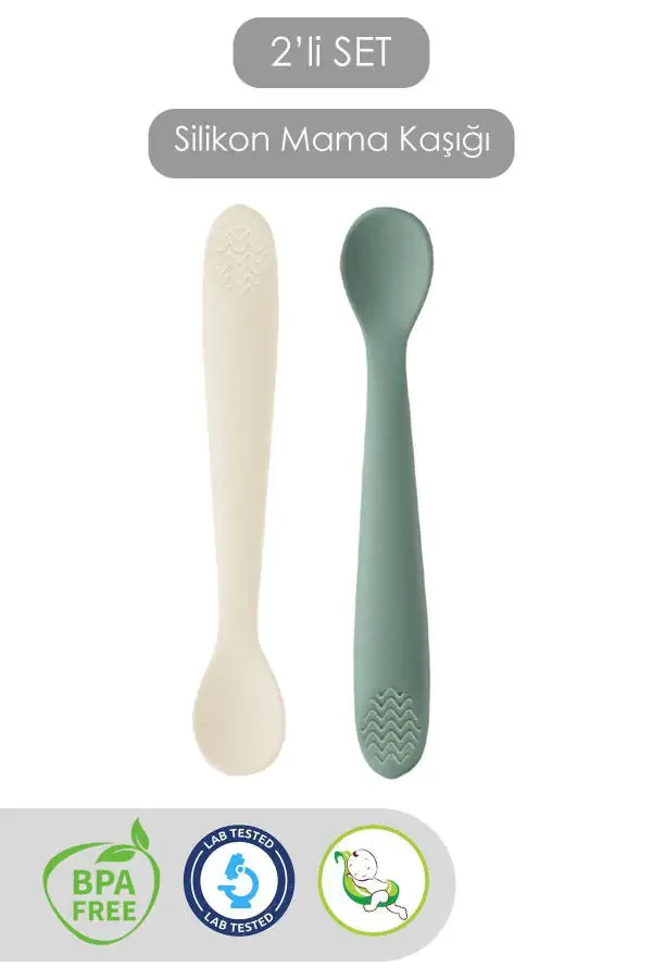 2-Piece Baby Teether Food Spoon - Silicone Feeding Spoon - Green, Beige - 1