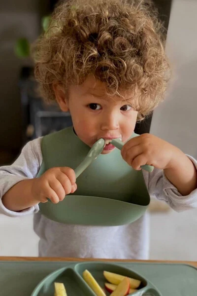 2-Piece Baby Teether Food Spoon - Silicone Feeding Spoon - Green, Beige - 4