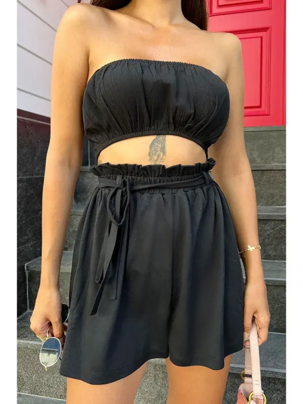 2-Piece Bustier Black Shorts Set-Black - 2