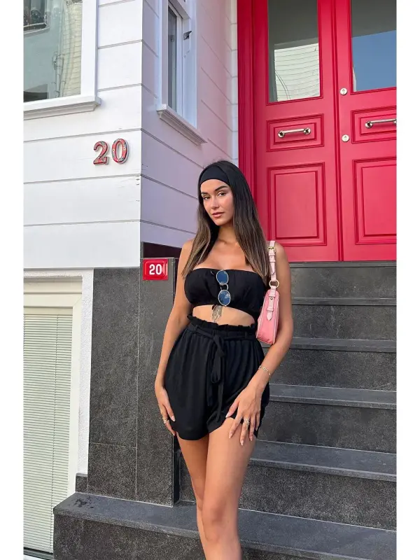 2-Piece Bustier Black Shorts Set-Black - 5