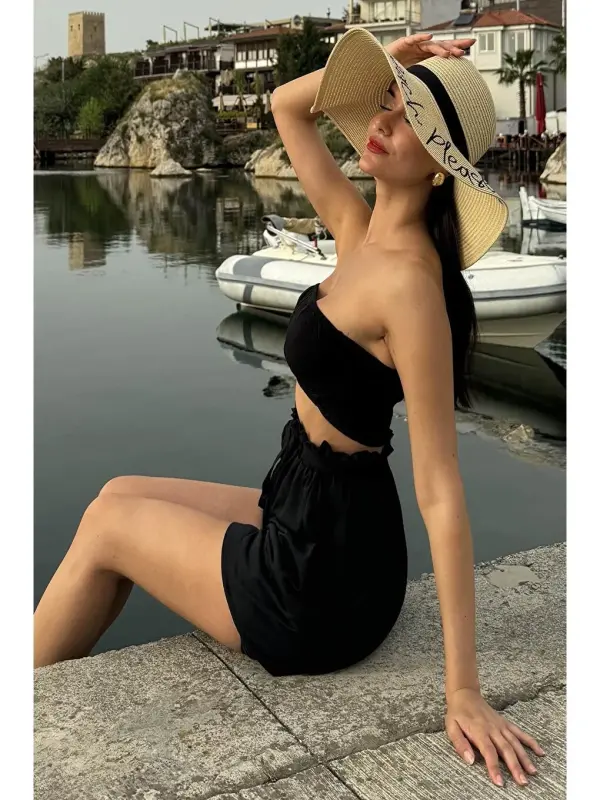 2-Piece Bustier Black Shorts Set-Black - LC WAIKIKI