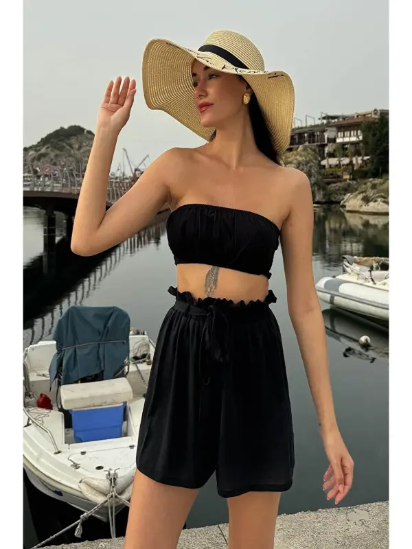 2-Piece Bustier Black Shorts Set-Black - 2