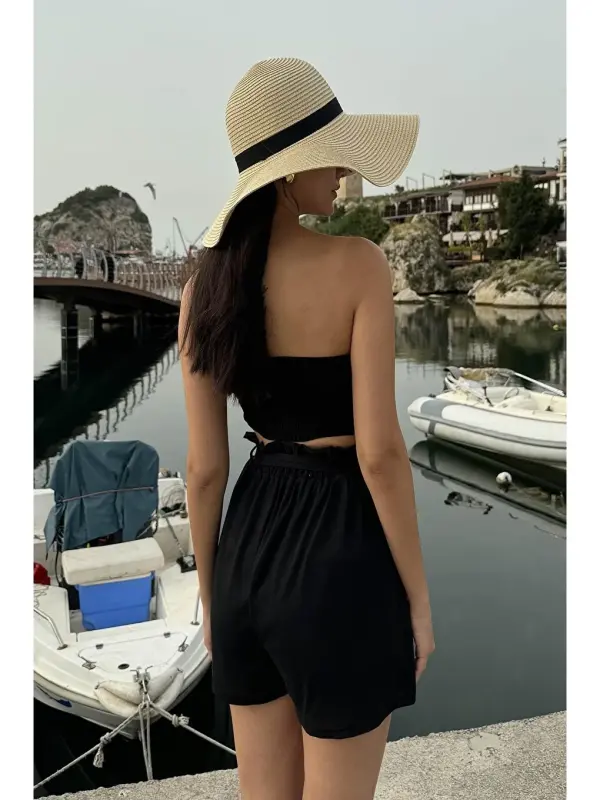 2-Piece Bustier Black Shorts Set-Black - 4