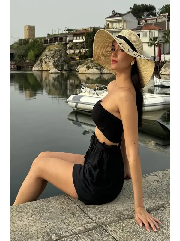 2-Piece Bustier Black Shorts Set-Black - 5