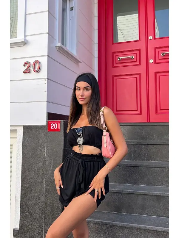 2-Piece Bustier Black Shorts Set-Black - 6