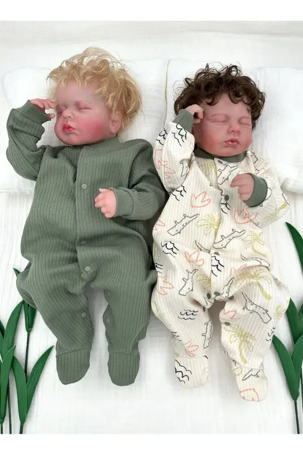 2-Piece Cotton Baby Footed Sleepsuit Ribbed Stretchy Fabric Green Crocodile - 2
