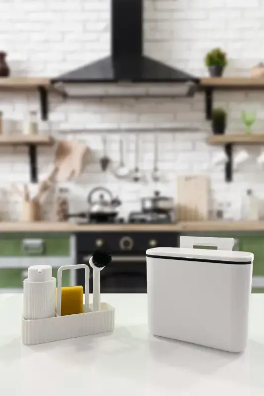 2-Piece Dish Set Vailo and 8 Lt Kitchen Countertop and Cabinet Hanging Trash Can White Kitchen Set-White - BİLTAŞ PLASTİK