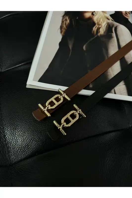 2-Piece Gold Buckle Thin Belt, Pants Belt, Shirt Belt, Jacket Belt-Black - 3