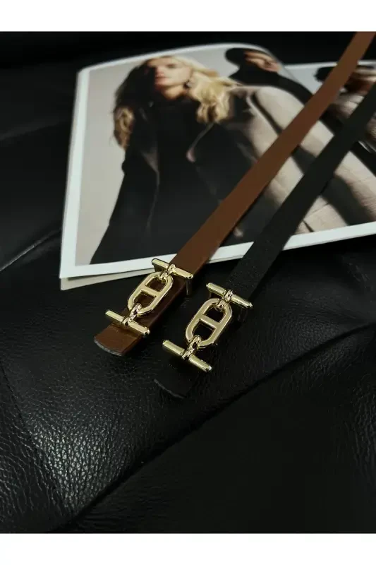 2-Piece Gold Buckle Thin Belt, Pants Belt, Shirt Belt, Jacket Belt-Black - 4