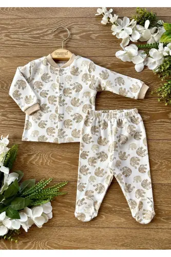 2-Piece Knitted Baby Pajama Set with Footies, Elephant, Coffee-Brown - 1