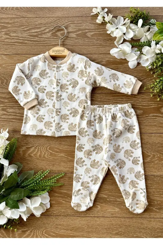2-Piece Knitted Baby Pajama Set with Footies, Elephant, Coffee-Brown - 1