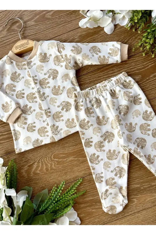 2-Piece Knitted Baby Pajama Set with Footies, Elephant, Coffee-Brown - 3
