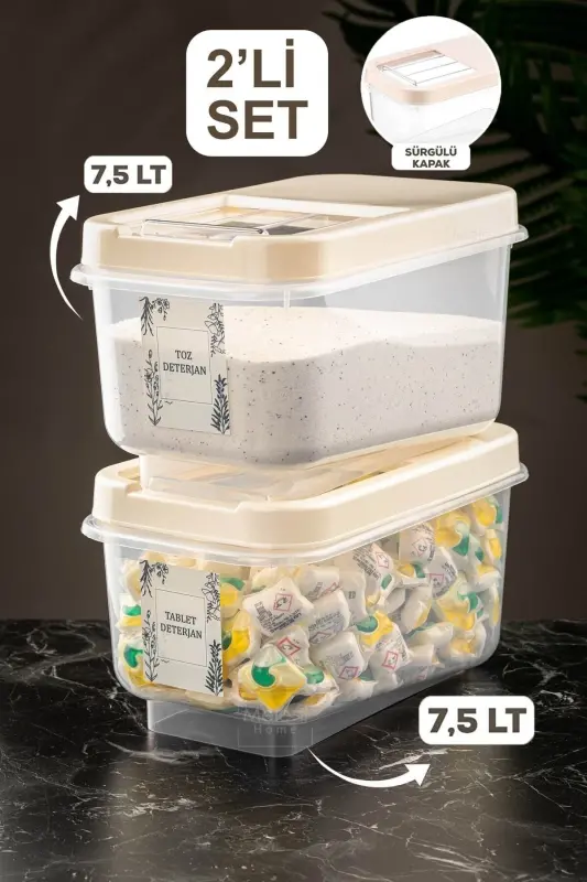 2-piece Labeled 7.5 lt Detergent Storage Container with Sliding Lid, Tablet Detergent Storage Box, Cream-7.5 LT - MELENI HOME