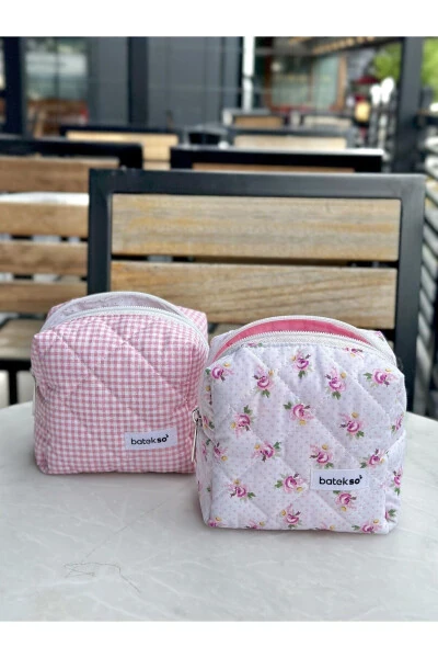 2-Piece Mini Rose and Rosehip Square Pattern Makeup Bag - Small Size - BATEKSO