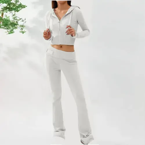 2 Piece Outfits for Women Knitted Tracksuits Sweatsuits Long Sleeve Crop Hooded Zip Tops Jackets Flared Long Pant Sets Womens Clothes - BLVB (1)