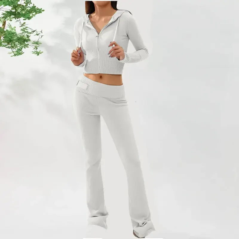 2 Piece Outfits for Women Knitted Tracksuits Sweatsuits Long Sleeve Crop Hooded Zip Tops Jackets Flared Long Pant Sets Womens Clothes - 2