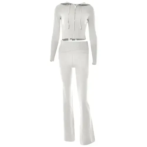 2 Piece Outfits for Women Knitted Tracksuits Sweatsuits Long Sleeve Crop Hooded Zip Tops Jackets Flared Long Pant Sets Womens Clothes - 6