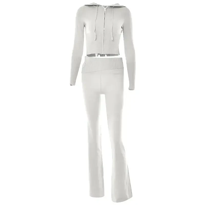 2 Piece Outfits for Women Knitted Tracksuits Sweatsuits Long Sleeve Crop Hooded Zip Tops Jackets Flared Long Pant Sets Womens Clothes - 6