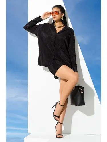 2-Piece Pleated Shirt Shorts Black Set-Black - LC WAIKIKI (1)