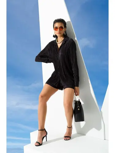 2-Piece Pleated Shirt Shorts Black Set-Black - 3