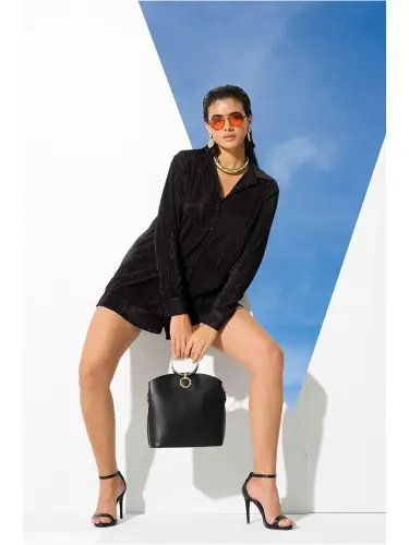 2-Piece Pleated Shirt Shorts Black Set-Black - 4