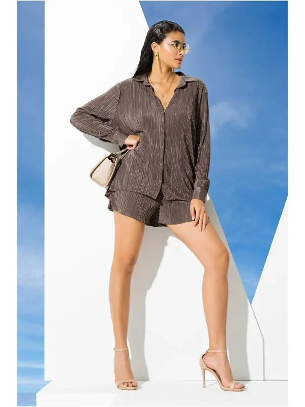 2-Piece Pleated Shirt Shorts Green Set-Green - 1