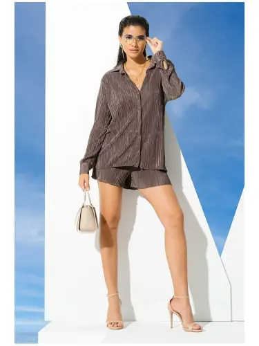 2-Piece Pleated Shirt Shorts Green Set-Green - 3